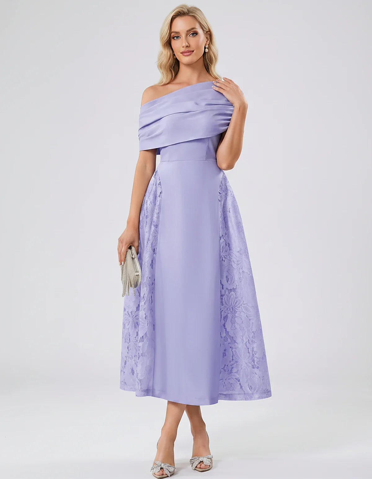 Satin Short Sleeve Off-Shoulder A-Line Midi Dress for Party, Cocktail, Evening, Wedding Guest, Summer Events & Formal Occasio | SKU: VMD-582714963852741-LAVENDER-L,VMD-582714963852741-LAVENDER-M,VMD-582714963852741-LAVENDER-S,VMD-582714963852741-LAVENDER-XL,VMD-582714963852741-LAVENDER-XS