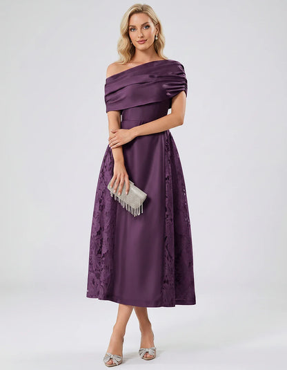 Satin Short Sleeve Off-Shoulder A-Line Midi Dress for Party, Cocktail, Evening, Wedding Guest, Summer Events & Formal Occasio | SKU: VMD-582714963852741-PLUM-L,VMD-582714963852741-PLUM-M,VMD-582714963852741-PLUM-S,VMD-582714963852741-PLUM-XL,VMD-582714963852741-PLUM-XS