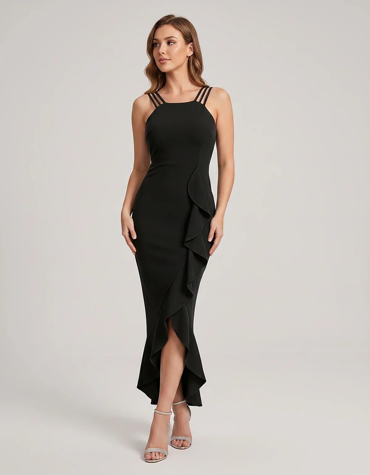 Polyester Blend Sleeveless O-Neck Sheath Midi Dress with Ruffle Detail for Party, Cocktail, Evening, Wedding Guest & Summer E | SKU: VMD-583917264851073-BLACK-L,VMD-583917264851073-BLACK-M,VMD-583917264851073-BLACK-S,VMD-583917264851073-BLACK-XL,VMD-583917264851073-BLACK-XS