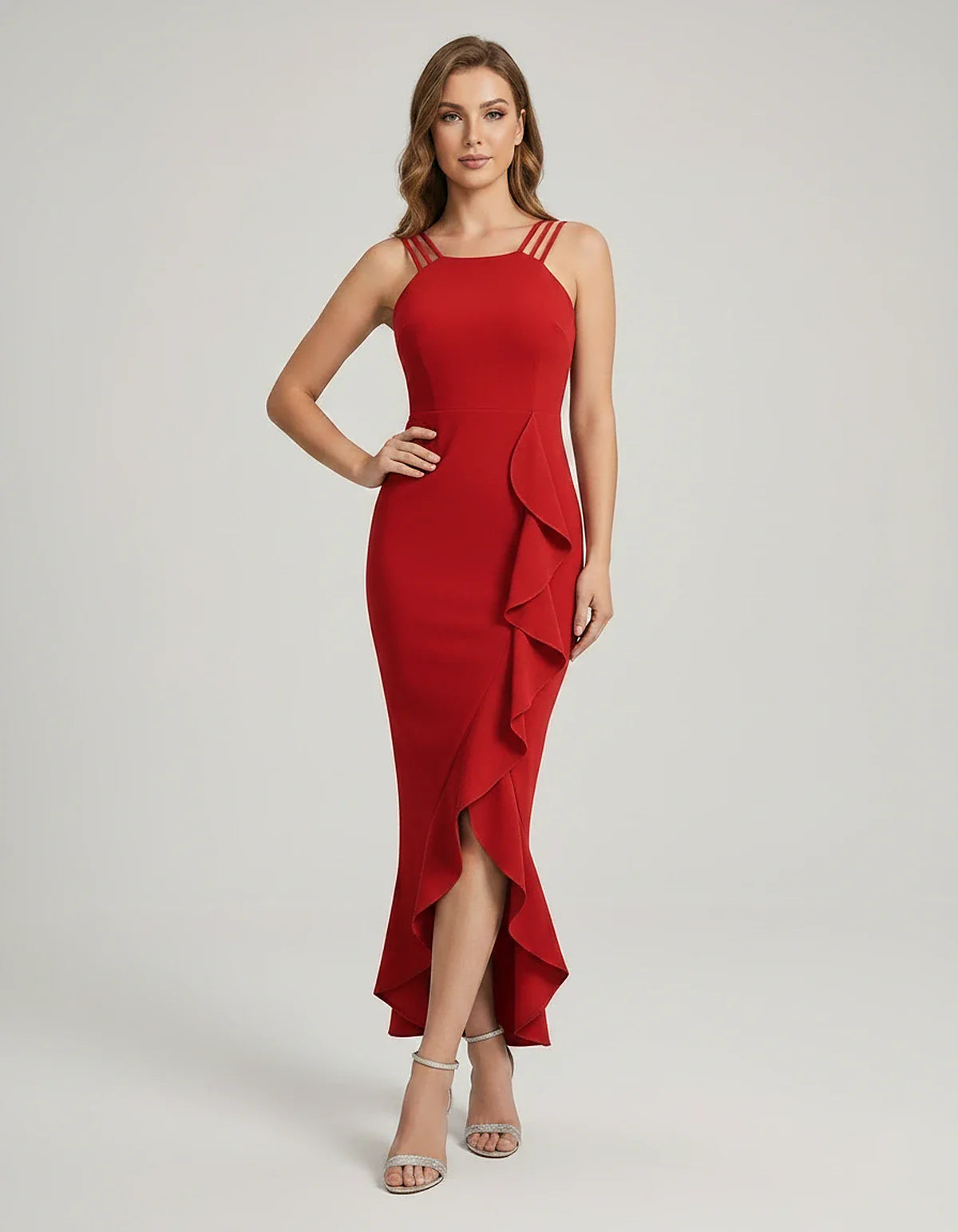 Polyester Blend Sleeveless O-Neck Sheath Midi Dress with Ruffle Detail for Party, Cocktail, Evening, Wedding Guest & Summer E | SKU: VMD-583917264851073-RED-L,VMD-583917264851073-RED-M,VMD-583917264851073-RED-S,VMD-583917264851073-RED-XL,VMD-583917264851073-RED-XS