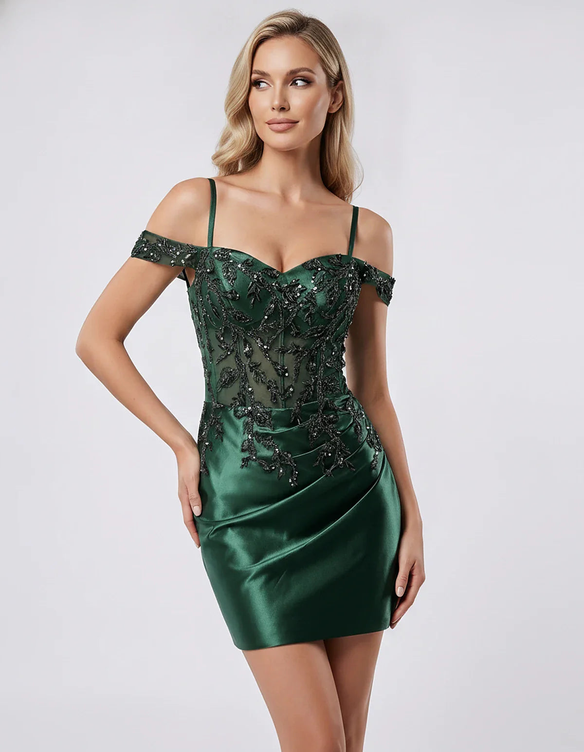 Satin Lace Applique Off-Shoulder Sweetheart Fitted Mini Dress for Party, Cocktail, Evening, Wedding Guest & Summer Events, fr | SKU: VM-583920174618352-EMERALD-L,VM-583920174618352-EMERALD-M,VM-583920174618352-EMERALD-S,VM-583920174618352-EMERALD-XL,VM-583920174618352-EMERALD-XS