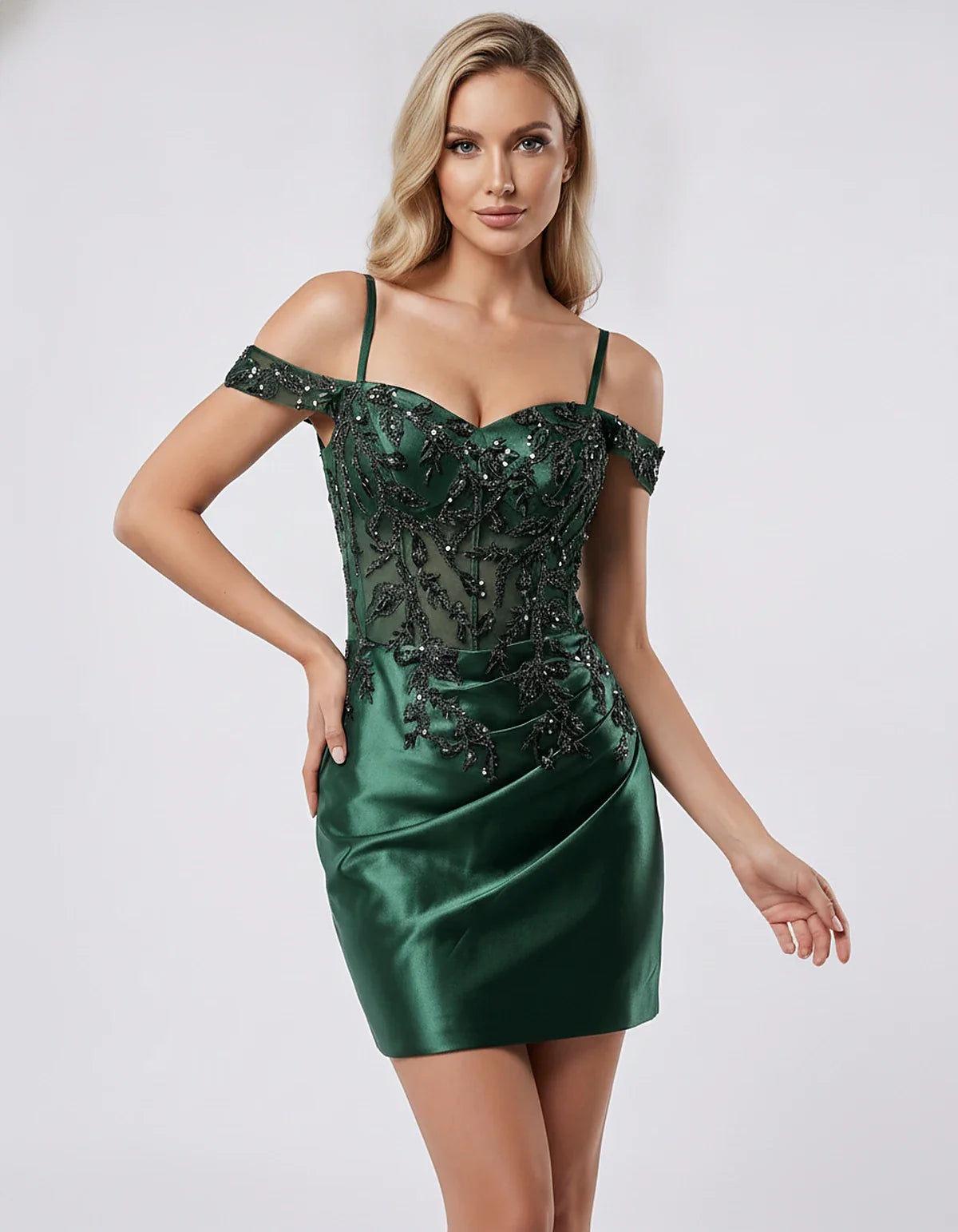 Satin Lace Applique Off-Shoulder Sweetheart Fitted Mini Dress for Party, Cocktail, Evening, Wedding Guest & Summer Events, fr | SKU: VM-583920174618352-EMERALD-L,VM-583920174618352-EMERALD-M,VM-583920174618352-EMERALD-S,VM-583920174618352-EMERALD-XL,VM-583920174618352-EMERALD-XS