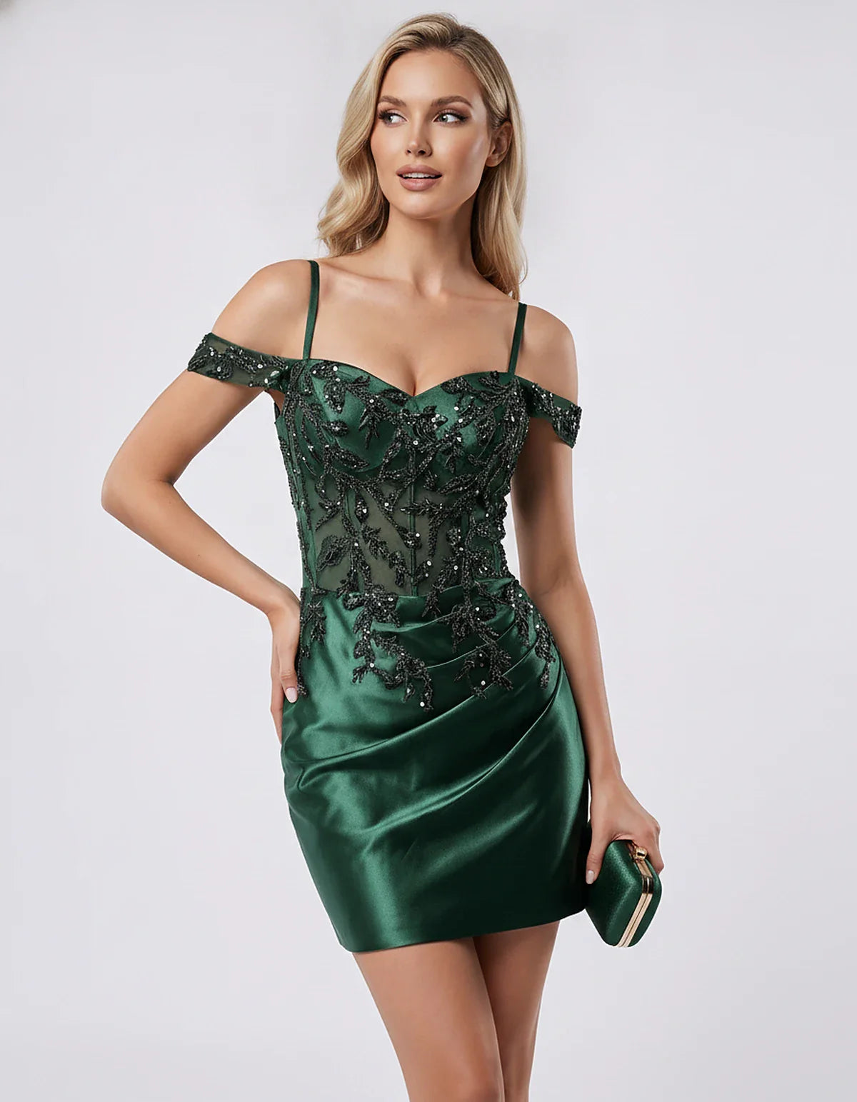 Satin Lace Applique Off-Shoulder Sweetheart Fitted Mini Dress for Party, Cocktail, Evening, Wedding Guest & Summer Events, fr | SKU: VM-583920174618352-EMERALD-L,VM-583920174618352-EMERALD-M,VM-583920174618352-EMERALD-S,VM-583920174618352-EMERALD-XL,VM-583920174618352-EMERALD-XS