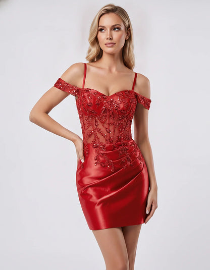 Satin Lace Applique Off-Shoulder Sweetheart Fitted Mini Dress for Party, Cocktail, Evening, Wedding Guest & Summer Events, fr | SKU: VM-583920174618352-RED-L,VM-583920174618352-RED-M,VM-583920174618352-RED-S,VM-583920174618352-RED-XL,VM-583920174618352-RED-XS
