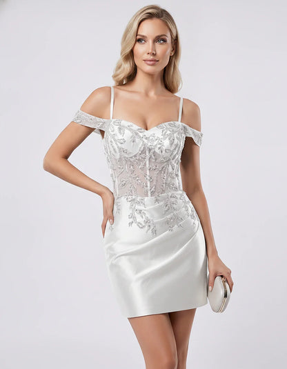 Satin Lace Applique Off-Shoulder Sweetheart Fitted Mini Dress for Party, Cocktail, Evening, Wedding Guest & Summer Events, fr | SKU: VM-583920174618352-SILVER-L,VM-583920174618352-SILVER-M,VM-583920174618352-SILVER-S,VM-583920174618352-SILVER-XL,VM-583920174618352-SILVER-XS