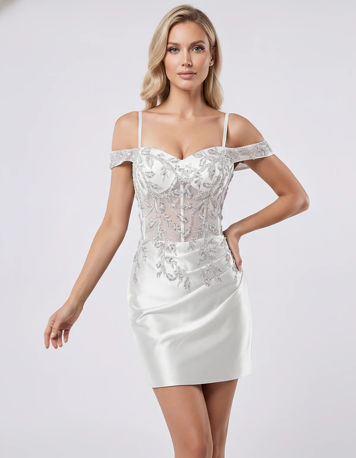 Satin Lace Applique Off-Shoulder Sweetheart Fitted Mini Dress for Party, Cocktail, Evening, Wedding Guest & Summer Events, fr | SKU: VM-583920174618352-SILVER-L,VM-583920174618352-SILVER-M,VM-583920174618352-SILVER-S,VM-583920174618352-SILVER-XL,VM-583920174618352-SILVER-XS