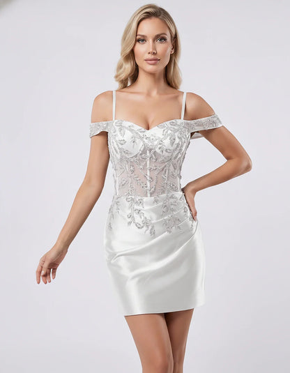 Satin Lace Applique Off-Shoulder Sweetheart Fitted Mini Dress for Party, Cocktail, Evening, Wedding Guest & Summer Events, fr | SKU: VM-583920174618352-SILVER-L,VM-583920174618352-SILVER-M,VM-583920174618352-SILVER-S,VM-583920174618352-SILVER-XL,VM-583920174618352-SILVER-XS