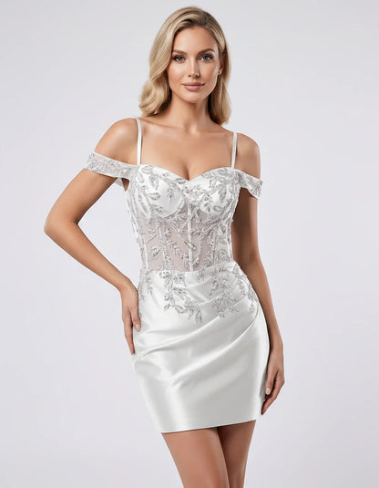 Satin Lace Applique Off-Shoulder Sweetheart Fitted Mini Dress for Party, Cocktail, Evening, Wedding Guest & Summer Events, fr | SKU: VM-583920174618352-SILVER-L,VM-583920174618352-SILVER-M,VM-583920174618352-SILVER-S,VM-583920174618352-SILVER-XL,VM-583920174618352-SILVER-XS