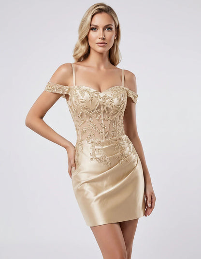 Satin Lace Applique Off-Shoulder Sweetheart Fitted Mini Dress for Party, Cocktail, Evening, Wedding Guest & Summer Events, fr | SKU: VM-583920174618352-CHAMPAGNE-L,VM-583920174618352-CHAMPAGNE-M,VM-583920174618352-CHAMPAGNE-S,VM-583920174618352-CHAMPAGNE-XL,VM-583920174618352-CHAMPAGNE-XS
