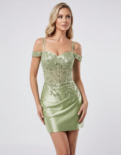 Satin Lace Applique Off-Shoulder Sweetheart Fitted Mini Dress for Party, Cocktail, Evening, Wedding Guest & Summer Events, fr | SKU: VM-583920174618352-OLIVE-L,VM-583920174618352-OLIVE-M,VM-583920174618352-OLIVE-S,VM-583920174618352-OLIVE-XL,VM-583920174618352-OLIVE-XS