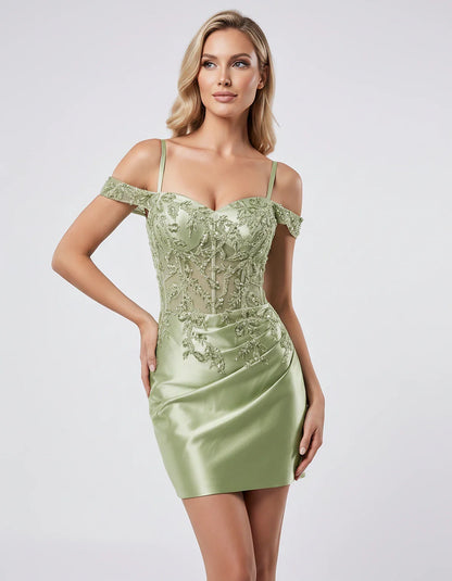Satin Lace Applique Off-Shoulder Sweetheart Fitted Mini Dress for Party, Cocktail, Evening, Wedding Guest & Summer Events, fr | SKU: VM-583920174618352-OLIVE-L,VM-583920174618352-OLIVE-M,VM-583920174618352-OLIVE-S,VM-583920174618352-OLIVE-XL,VM-583920174618352-OLIVE-XS