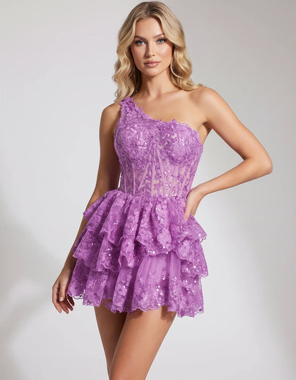 Lace Applique Sleeveless One-Shoulder Fit and Flare Mini Dress for Party, Cocktail, Evening, Summer & Wedding Guest Events, f | SKU: VMD-583921764108527-LILAC-L,VMD-583921764108527-LILAC-M,VMD-583921764108527-LILAC-S,VMD-583921764108527-LILAC-XL,VMD-583921764108527-LILAC-XS