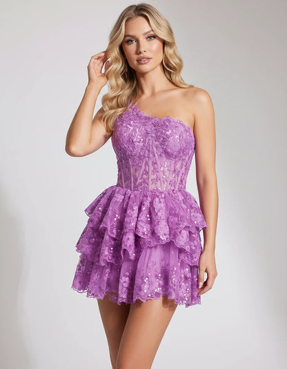 Lace Applique Sleeveless One-Shoulder Fit and Flare Mini Dress for Party, Cocktail, Evening, Summer & Wedding Guest Events, f | SKU: VMD-583921764108527-LILAC-L,VMD-583921764108527-LILAC-M,VMD-583921764108527-LILAC-S,VMD-583921764108527-LILAC-XL,VMD-583921764108527-LILAC-XS