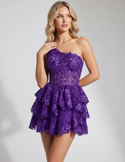Lace Applique Sleeveless One-Shoulder Fit and Flare Mini Dress for Party, Cocktail, Evening, Summer & Wedding Guest Events, f | SKU: VMD-583921764108527-PURPLE-L,VMD-583921764108527-PURPLE-M,VMD-583921764108527-PURPLE-S,VMD-583921764108527-PURPLE-XL,VMD-583921764108527-PURPLE-XS
