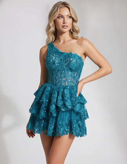 Lace Applique Sleeveless One-Shoulder Fit and Flare Mini Dress for Party, Cocktail, Evening, Summer & Wedding Guest Events, f | SKU: VMD-583921764108527-TEAL-L,VMD-583921764108527-TEAL-M,VMD-583921764108527-TEAL-S,VMD-583921764108527-TEAL-XL,VMD-583921764108527-TEAL-XS