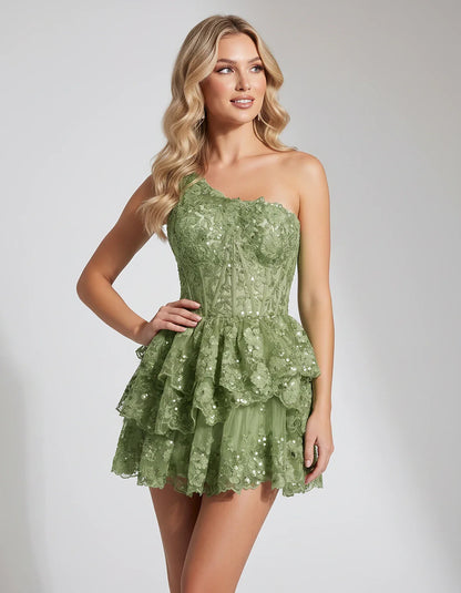 Lace Applique Sleeveless One-Shoulder Fit and Flare Mini Dress for Party, Cocktail, Evening, Summer & Wedding Guest Events, f | SKU: VMD-583921764108527-SAGE-L,VMD-583921764108527-SAGE-M,VMD-583921764108527-SAGE-S,VMD-583921764108527-SAGE-XL,VMD-583921764108527-SAGE-XS