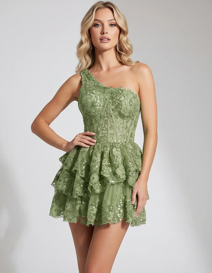 Lace Applique Sleeveless One-Shoulder Fit and Flare Mini Dress for Party, Cocktail, Evening, Summer & Wedding Guest Events, f | SKU: VMD-583921764108527-SAGE-L,VMD-583921764108527-SAGE-M,VMD-583921764108527-SAGE-S,VMD-583921764108527-SAGE-XL,VMD-583921764108527-SAGE-XS
