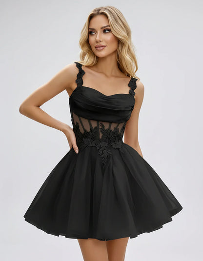 Tulle A-Line Sweetheart Mini Dress with Lace Appliqué Straps and Lace-Up Back for Party, Cocktail, Evening, Summer & Wedding | SKU: VMD-583920471628514-BLACK-L,VMD-583920471628514-BLACK-M,VMD-583920471628514-BLACK-S,VMD-583920471628514-BLACK-XL,VMD-583920471628514-BLACK-XS