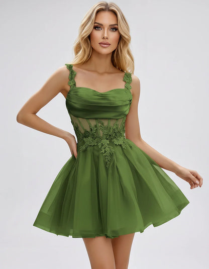 Tulle A-Line Sweetheart Mini Dress with Lace Appliqué Straps and Lace-Up Back for Party, Cocktail, Evening, Summer & Wedding | SKU: VMD-583920471628514-OLIVE-L,VMD-583920471628514-OLIVE-M,VMD-583920471628514-OLIVE-S,VMD-583920471628514-OLIVE-XL,VMD-583920471628514-OLIVE-XS