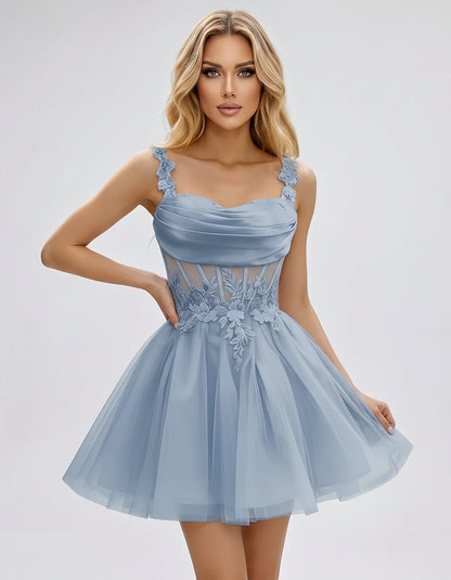 Tulle A-Line Sweetheart Mini Dress with Lace Appliqué Straps and Lace-Up Back for Party, Cocktail, Evening, Summer & Wedding | SKU: VMD-583920471628514-DUSTYBLUE-L,VMD-583920471628514-DUSTYBLUE-M,VMD-583920471628514-DUSTYBLUE-S,VMD-583920471628514-DUSTYBLUE-XL,VMD-583920471628514-DUSTYBLUE-XS