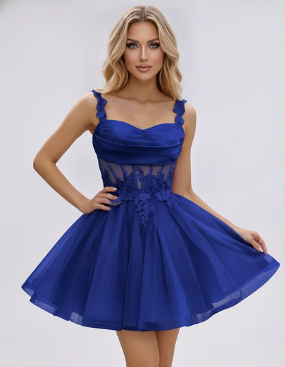 Tulle A-Line Sweetheart Mini Dress with Lace Appliqué Straps and Lace-Up Back for Party, Cocktail, Evening, Summer & Wedding | SKU: VMD-583920471628514-ROYALBLUE-L,VMD-583920471628514-ROYALBLUE-M,VMD-583920471628514-ROYALBLUE-S,VMD-583920471628514-ROYALBLUE-XL,VMD-583920471628514-ROYALBLUE-XS