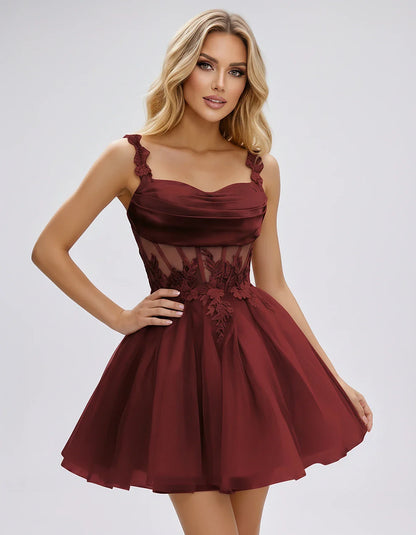 Tulle A-Line Sweetheart Mini Dress with Lace Appliqué Straps and Lace-Up Back for Party, Cocktail, Evening, Summer & Wedding | SKU: VMD-583920471628514-WINE-L,VMD-583920471628514-WINE-M,VMD-583920471628514-WINE-S,VMD-583920471628514-WINE-XL,VMD-583920471628514-WINE-XS