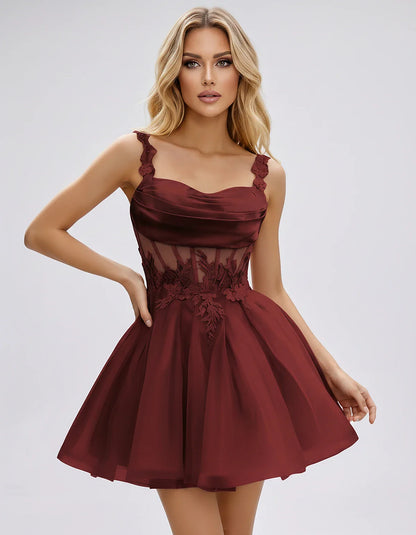 Tulle A-Line Sweetheart Mini Dress with Lace Appliqué Straps and Lace-Up Back for Party, Cocktail, Evening, Summer & Wedding | SKU: VMD-583920471628514-WINE-L,VMD-583920471628514-WINE-M,VMD-583920471628514-WINE-S,VMD-583920471628514-WINE-XL,VMD-583920471628514-WINE-XS