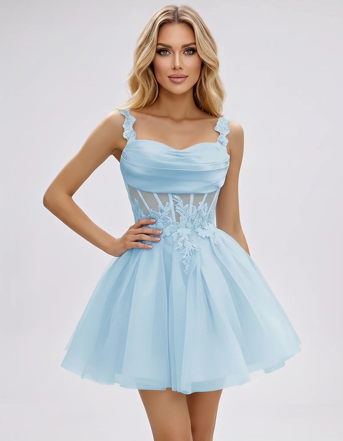 Tulle A-Line Sweetheart Mini Dress with Lace Appliqué Straps and Lace-Up Back for Party, Cocktail, Evening, Summer & Wedding | SKU: VMD-583920471628514-LIGHTBLUE-L,VMD-583920471628514-LIGHTBLUE-M,VMD-583920471628514-LIGHTBLUE-S,VMD-583920471628514-LIGHTBLUE-XL,VMD-583920471628514-LIGHTBLUE-XS