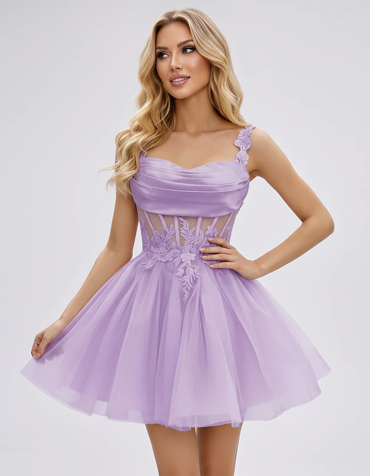 Tulle A-Line Sweetheart Mini Dress with Lace Appliqué Straps and Lace-Up Back for Party, Cocktail, Evening, Summer & Wedding | SKU: VMD-583920471628514-LILAC-L,VMD-583920471628514-LILAC-M,VMD-583920471628514-LILAC-S,VMD-583920471628514-LILAC-XL,VMD-583920471628514-LILAC-XS