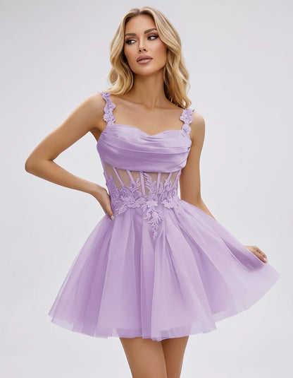 Tulle A-Line Sweetheart Mini Dress with Lace Appliqué Straps and Lace-Up Back for Party, Cocktail, Evening, Summer & Wedding | SKU: VMD-583920471628514-LILAC-L,VMD-583920471628514-LILAC-M,VMD-583920471628514-LILAC-S,VMD-583920471628514-LILAC-XL,VMD-583920471628514-LILAC-XS