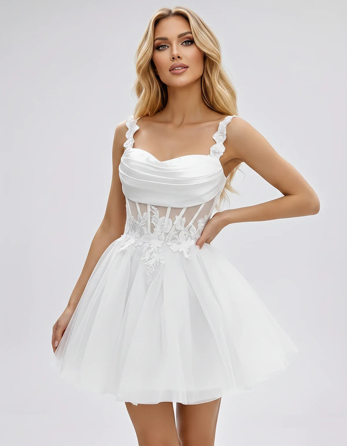 Tulle A-Line Sweetheart Mini Dress with Lace Appliqué Straps and Lace-Up Back for Party, Cocktail, Evening, Summer & Wedding | SKU: VMD-583920471628514-WHITE-L,VMD-583920471628514-WHITE-M,VMD-583920471628514-WHITE-S,VMD-583920471628514-WHITE-XL,VMD-583920471628514-WHITE-XS