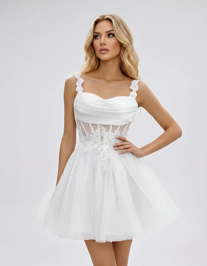 Tulle A-Line Sweetheart Mini Dress with Lace Appliqué Straps and Lace-Up Back for Party, Cocktail, Evening, Summer & Wedding | SKU: VMD-583920471628514-WHITE-L,VMD-583920471628514-WHITE-M,VMD-583920471628514-WHITE-S,VMD-583920471628514-WHITE-XL,VMD-583920471628514-WHITE-XS