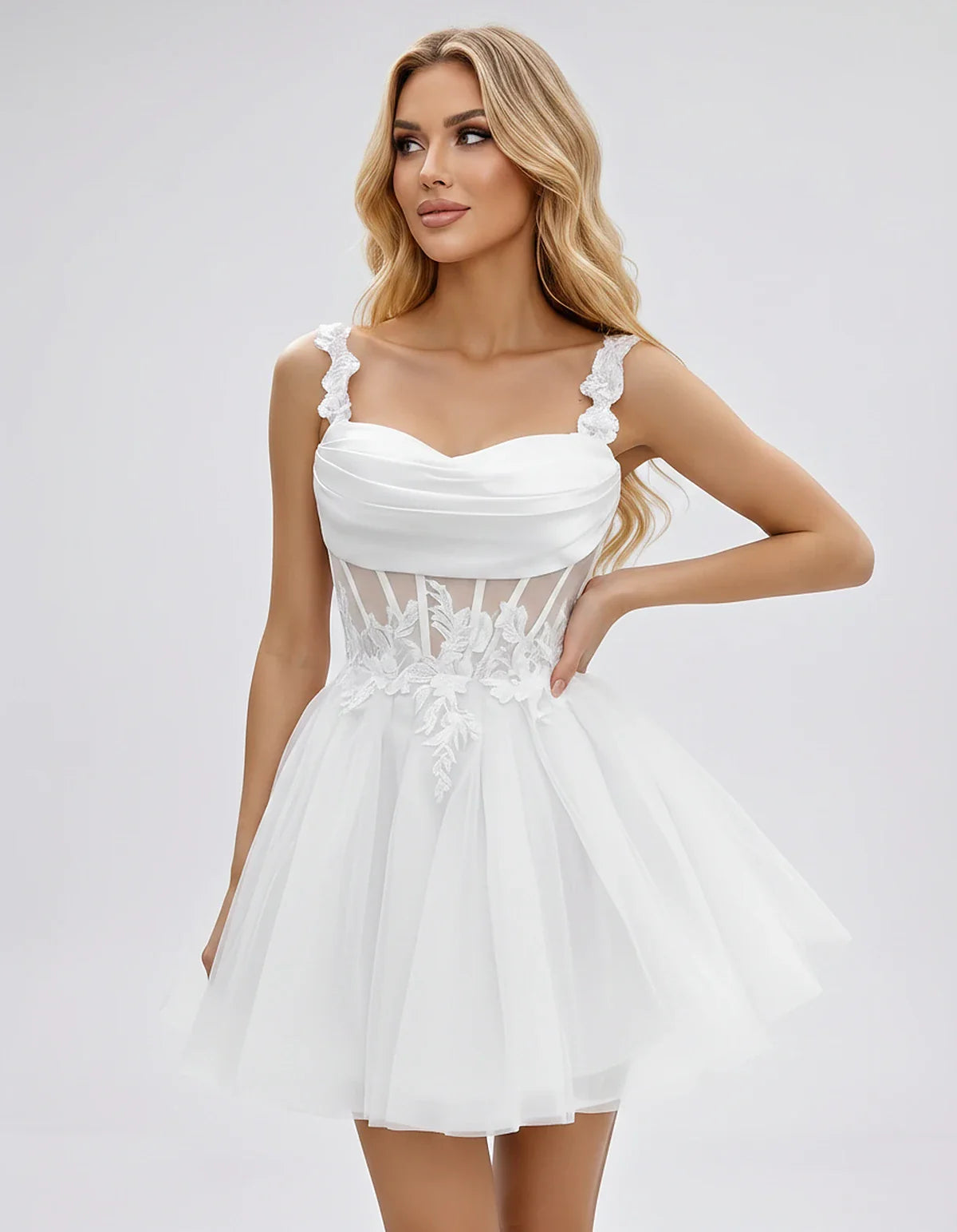 Tulle A-Line Sweetheart Mini Dress with Lace Appliqué Straps and Lace-Up Back for Party, Cocktail, Evening, Summer & Wedding | SKU: VMD-583920471628514-WHITE-L,VMD-583920471628514-WHITE-M,VMD-583920471628514-WHITE-S,VMD-583920471628514-WHITE-XL,VMD-583920471628514-WHITE-XS