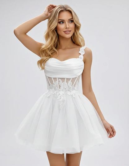 Tulle A-Line Sweetheart Mini Dress with Lace Appliqué Straps and Lace-Up Back for Party, Cocktail, Evening, Summer & Wedding | SKU: VMD-583920471628514-WHITE-L,VMD-583920471628514-WHITE-M,VMD-583920471628514-WHITE-S,VMD-583920471628514-WHITE-XL,VMD-583920471628514-WHITE-XS