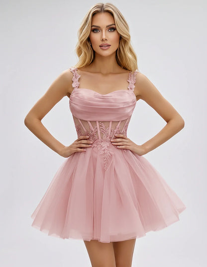 Tulle A-Line Sweetheart Mini Dress with Lace Appliqué Straps and Lace-Up Back for Party, Cocktail, Evening, Summer & Wedding | SKU: VMD-583920471628514-BLUSH-L,VMD-583920471628514-BLUSH-M,VMD-583920471628514-BLUSH-S,VMD-583920471628514-BLUSH-XL,VMD-583920471628514-BLUSH-XS