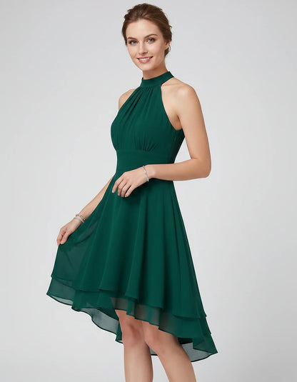 Chiffon Sleeveless Halter A-Line Mini Dress with Layered Hem for Party, Cocktail, Evening, Summer & Wedding Guest Events, sid | SKU: VMD-583920174615283-GREEN-L,VMD-583920174615283-GREEN-M,VMD-583920174615283-GREEN-S,VMD-583920174615283-GREEN-XL,VMD-583920174615283-GREEN-XS