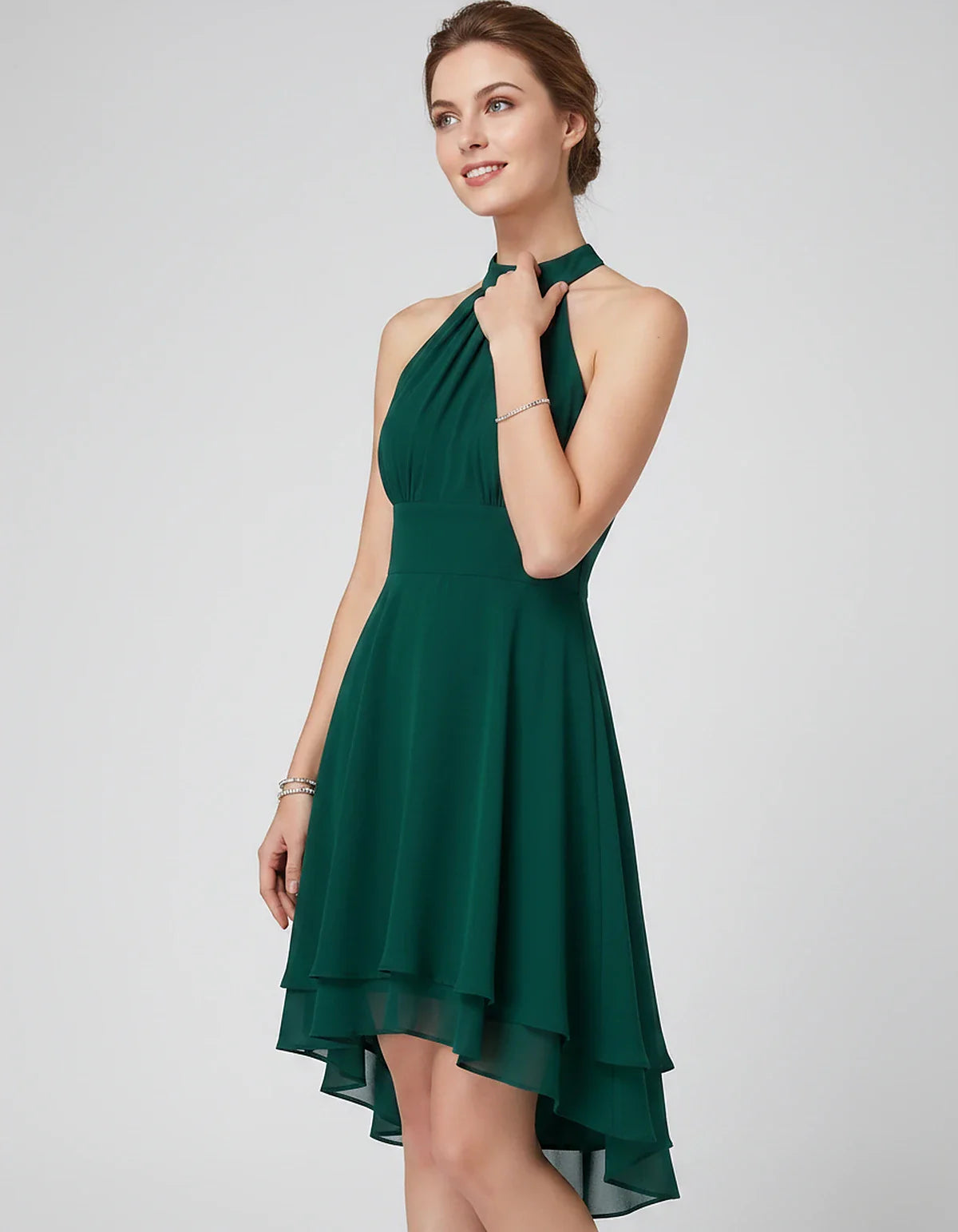 Chiffon Sleeveless Halter A-Line Mini Dress with Layered Hem for Party, Cocktail, Evening, Summer & Wedding Guest Events, sid | SKU: VMD-583920174615283-GREEN-L,VMD-583920174615283-GREEN-M,VMD-583920174615283-GREEN-S,VMD-583920174615283-GREEN-XL,VMD-583920174615283-GREEN-XS