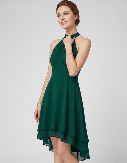 Chiffon Sleeveless Halter A-Line Mini Dress with Layered Hem for Party, Cocktail, Evening, Summer & Wedding Guest Events, sid | SKU: VMD-583920174615283-GREEN-L,VMD-583920174615283-GREEN-M,VMD-583920174615283-GREEN-S,VMD-583920174615283-GREEN-XL,VMD-583920174615283-GREEN-XS