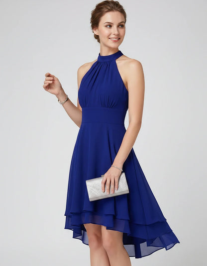 Chiffon Sleeveless Halter A-Line Mini Dress with Layered Hem for Party, Cocktail, Evening, Summer & Wedding Guest Events, sid | SKU: VMD-583920174615283-BLUE-L,VMD-583920174615283-BLUE-M,VMD-583920174615283-BLUE-S,VMD-583920174615283-BLUE-XL,VMD-583920174615283-BLUE-XS