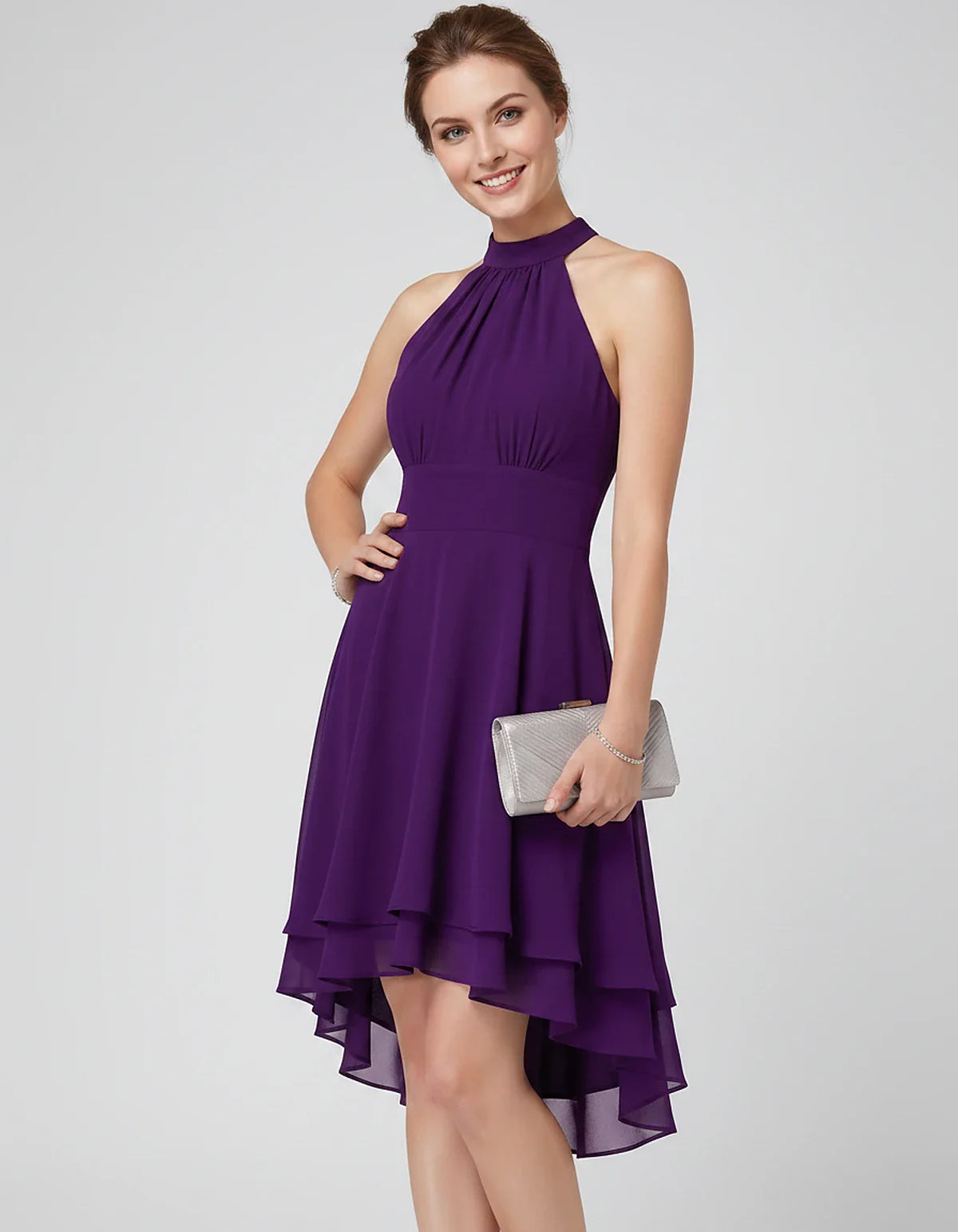 Chiffon Sleeveless Halter A-Line Mini Dress with Layered Hem for Party, Cocktail, Evening, Summer & Wedding Guest Events, fro | SKU: VMD-583920174615283-PURPLE-L,VMD-583920174615283-PURPLE-M,VMD-583920174615283-PURPLE-S,VMD-583920174615283-PURPLE-XL,VMD-583920174615283-PURPLE-XS