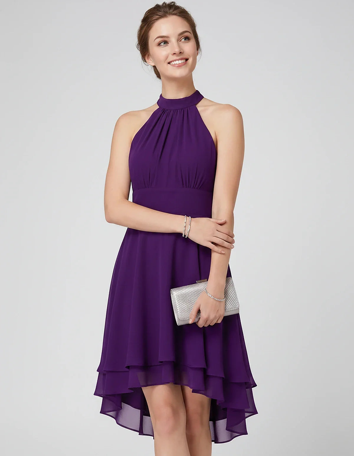 Chiffon Sleeveless Halter A-Line Mini Dress with Layered Hem for Party, Cocktail, Evening, Summer & Wedding Guest Events, fro | SKU: VMD-583920174615283-PURPLE-L,VMD-583920174615283-PURPLE-M,VMD-583920174615283-PURPLE-S,VMD-583920174615283-PURPLE-XL,VMD-583920174615283-PURPLE-XS