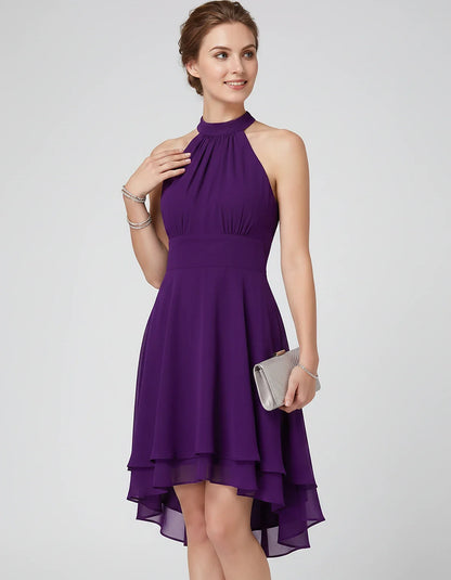 Chiffon Sleeveless Halter A-Line Mini Dress with Layered Hem for Party, Cocktail, Evening, Summer & Wedding Guest Events, fro | SKU: VMD-583920174615283-PURPLE-L,VMD-583920174615283-PURPLE-M,VMD-583920174615283-PURPLE-S,VMD-583920174615283-PURPLE-XL,VMD-583920174615283-PURPLE-XS