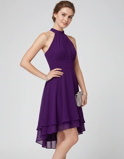 Chiffon Sleeveless Halter A-Line Mini Dress with Layered Hem for Party, Cocktail, Evening, Summer & Wedding Guest Events, fro | SKU: VMD-583920174615283-PURPLE-L,VMD-583920174615283-PURPLE-M,VMD-583920174615283-PURPLE-S,VMD-583920174615283-PURPLE-XL,VMD-583920174615283-PURPLE-XS