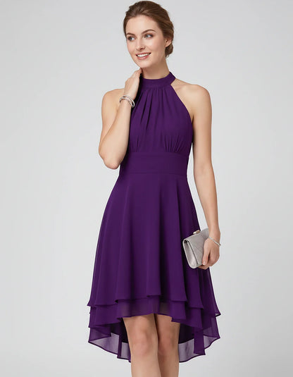 Chiffon Sleeveless Halter A-Line Mini Dress with Layered Hem for Party, Cocktail, Evening, Summer & Wedding Guest Events, fro | SKU: VMD-583920174615283-PURPLE-L,VMD-583920174615283-PURPLE-M,VMD-583920174615283-PURPLE-S,VMD-583920174615283-PURPLE-XL,VMD-583920174615283-PURPLE-XS