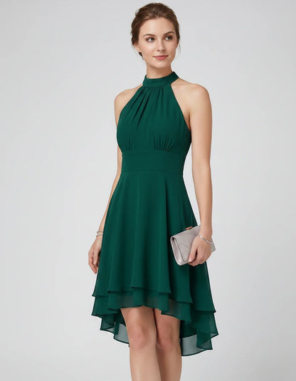 Chiffon Sleeveless Halter A-Line Mini Dress with Layered Hem for Party, Cocktail, Evening, Summer & Wedding Guest Events, fro | SKU: VMD-583920174615283-GREEN-L,VMD-583920174615283-GREEN-M,VMD-583920174615283-GREEN-S,VMD-583920174615283-GREEN-XL,VMD-583920174615283-GREEN-XS