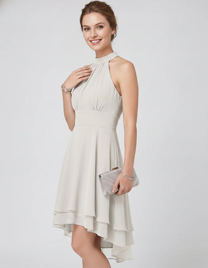 Chiffon Sleeveless Halter A-Line Mini Dress with Layered Hem for Party, Cocktail, Evening, Summer & Wedding Guest Events, sid | SKU: VMD-583920174615283-WHITE-L,VMD-583920174615283-WHITE-M,VMD-583920174615283-WHITE-S,VMD-583920174615283-WHITE-XL,VMD-583920174615283-WHITE-XS