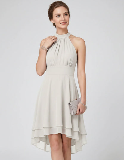 Chiffon Sleeveless Halter A-Line Mini Dress with Layered Hem for Party, Cocktail, Evening, Summer & Wedding Guest Events, fro | SKU: VMD-583920174615283-WHITE-L,VMD-583920174615283-WHITE-M,VMD-583920174615283-WHITE-S,VMD-583920174615283-WHITE-XL,VMD-583920174615283-WHITE-XS