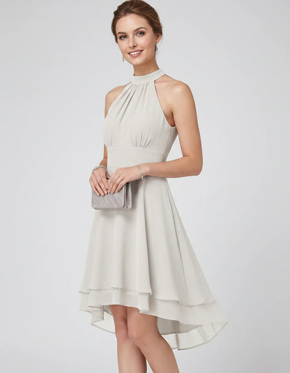 Chiffon Sleeveless Halter A-Line Mini Dress with Layered Hem for Party, Cocktail, Evening, Summer & Wedding Guest Events, sid | SKU: VMD-583920174615283-WHITE-L,VMD-583920174615283-WHITE-M,VMD-583920174615283-WHITE-S,VMD-583920174615283-WHITE-XL,VMD-583920174615283-WHITE-XS