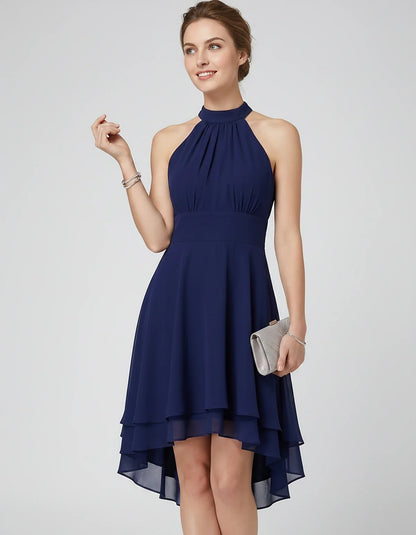 Chiffon Sleeveless Halter A-Line Mini Dress with Layered Hem for Party, Cocktail, Evening, Summer & Wedding Guest Events, fro | SKU: VMD-583920174615283-NAVY-L,VMD-583920174615283-NAVY-M,VMD-583920174615283-NAVY-S,VMD-583920174615283-NAVY-XL,VMD-583920174615283-NAVY-XS