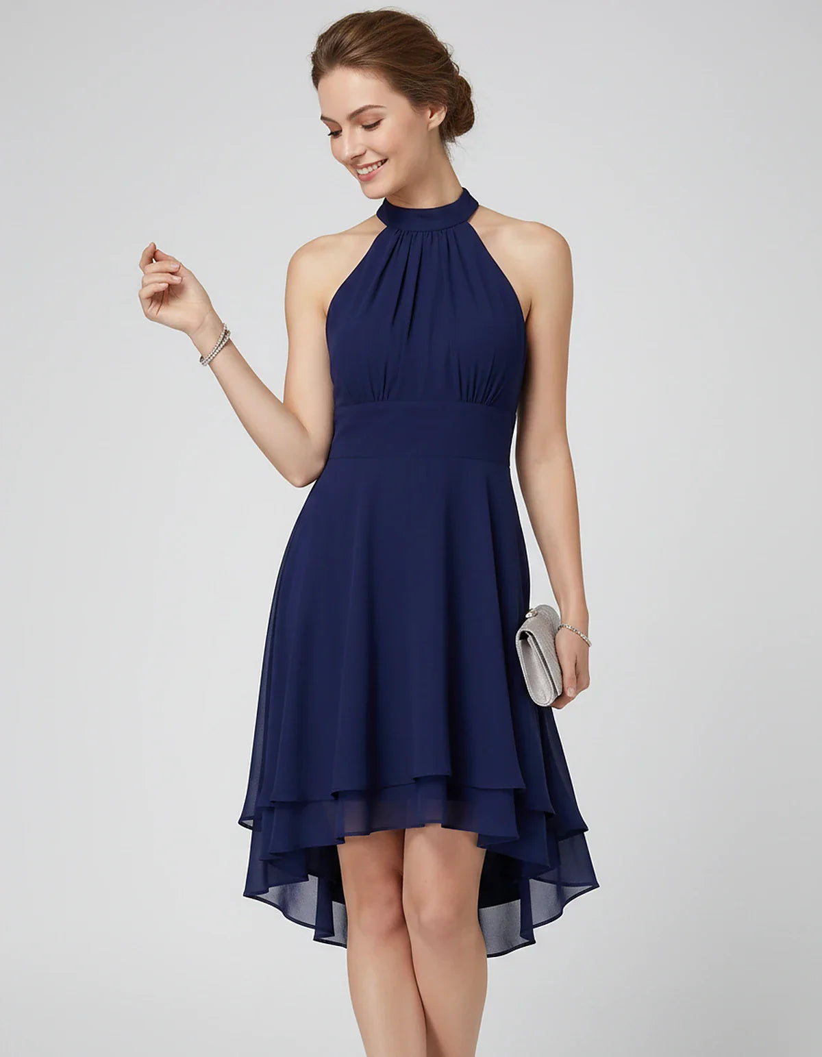 Chiffon Sleeveless Halter A-Line Mini Dress with Layered Hem for Party, Cocktail, Evening, Summer & Wedding Guest Events, fro | SKU: VMD-583920174615283-NAVY-L,VMD-583920174615283-NAVY-M,VMD-583920174615283-NAVY-S,VMD-583920174615283-NAVY-XL,VMD-583920174615283-NAVY-XS